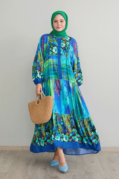 InStyle Green Viscose - Abstract Floral Patterned Dress