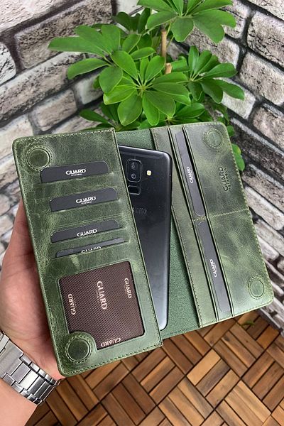 GUARD Leather Men's/Women's Portfolio Wallet with Phone Slot - Khaki Green