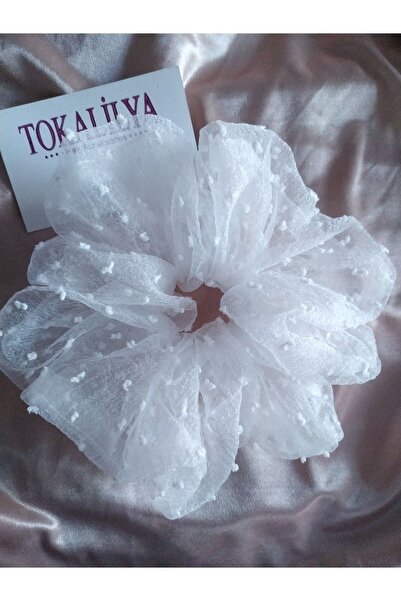 TOKALİLYA Kadın Beyaz Puantiyeli Büyük Boy Xxl Organze Scrunchie Saç Tokası