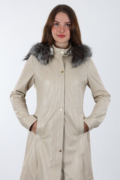 Derihouse Druzykadın Bej Uzun Hakiki Deri Ceket