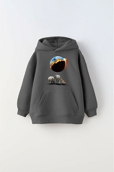 The Champ Clothing Унисекс детски суитшърт - с качулка, щампа "Полярен горящ свят и животни", опушен