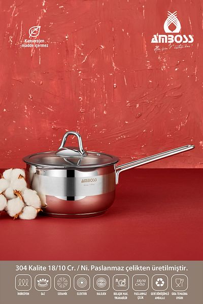 Amboss Cool Stainless Steel Induction-Based Milk Bowl, Sauce Bowl - 16 Cm with Glass Lid