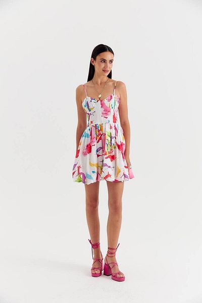 Julidress Premium Colorful Patterned Strapless Mini Cotton Summer Dress - With Balloon Skirt