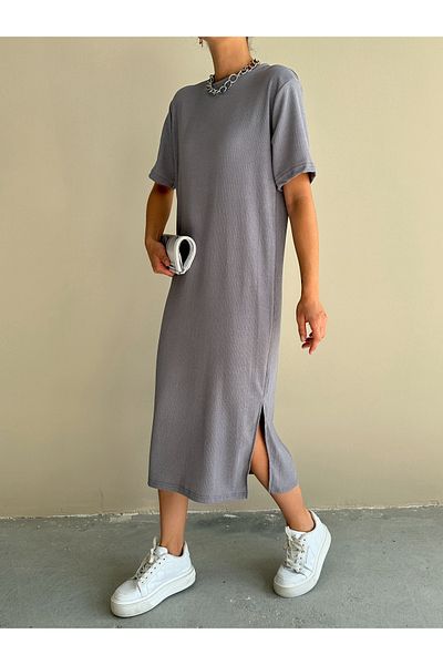 BEJNA Grau gestrickt - Sommer langes lässiges Damenkleid