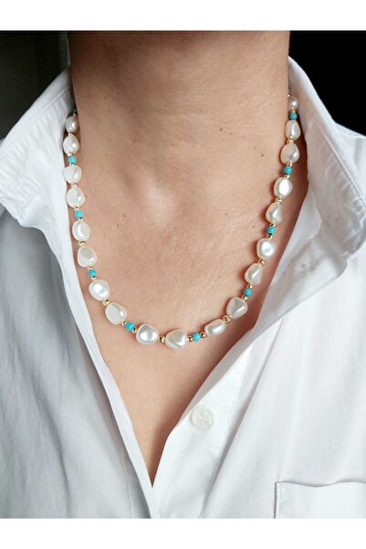 DEVİ fashion قلادة من اللؤلؤ الطبيعي باللون الفيروزي