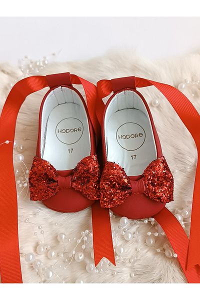 Hodore Perla Red Genuine Leather Baby Loafer Ballerina Shoes