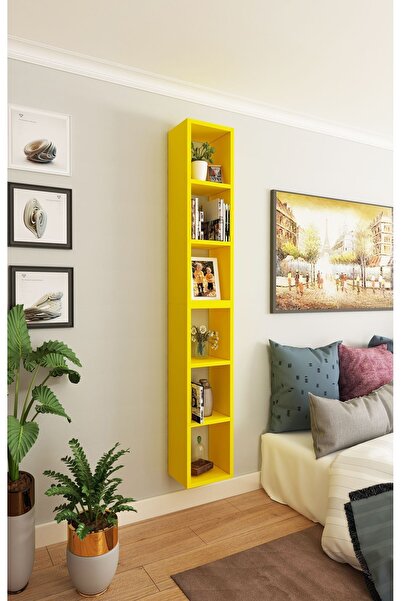 Dekormer Design Kitaplık Dikey Duvar Rafı İkili Birleşik Mobilya Takım Sarı