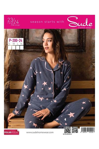 Sude Fleece Patterned Women's Pajama Set - Front Buttoned Shirt, P200/24 - 1 Piece