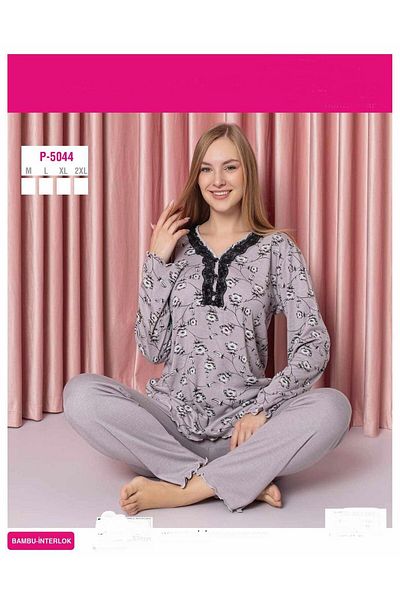 Sude Bamboo Interlock V-neck Embroidered Long Sleeve Women's Pajamas Set - P5044