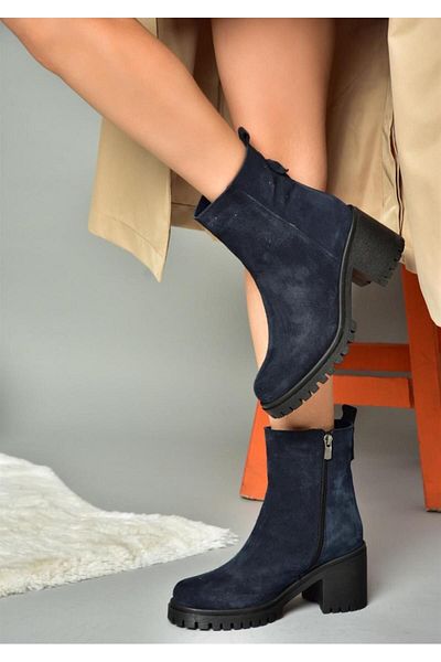 Fox Shoes R654006502 Marineblaue Damenstiefel aus echtem Wildleder und Wildleder mit dickem Absatz