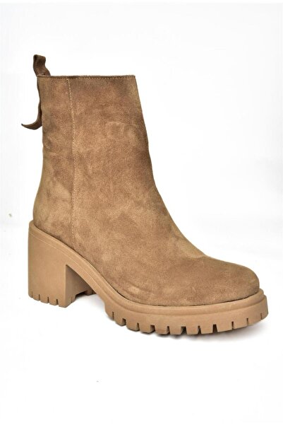 Fox Shoes R654006502 Taba Hakiki Deri Süet Kalın Topuklu Kadın Bot