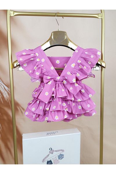 Hobidik Pink Floral Pattern - Bow Detailed Poplin Linen Baby Romper Jumpsuit