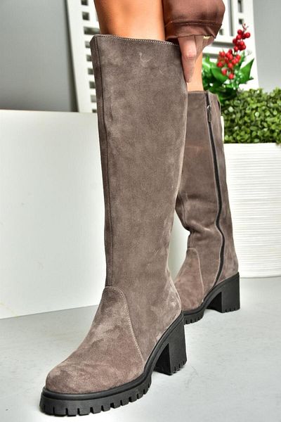 Fox Shoes Γυναικείες μπότες καπνιστό γνήσιο δέρμα σουέντ με χοντρό τακούνι