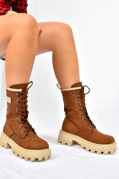 Fox Shoes Γυναικείες ταχυδρομικές μπότες Tan Thick Sole Lace Up L973916002