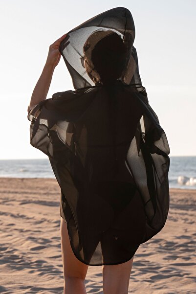 Majoristik Plaj Elbisesi Siyah Şifon Pelerin Kapüşon Yarasa Model