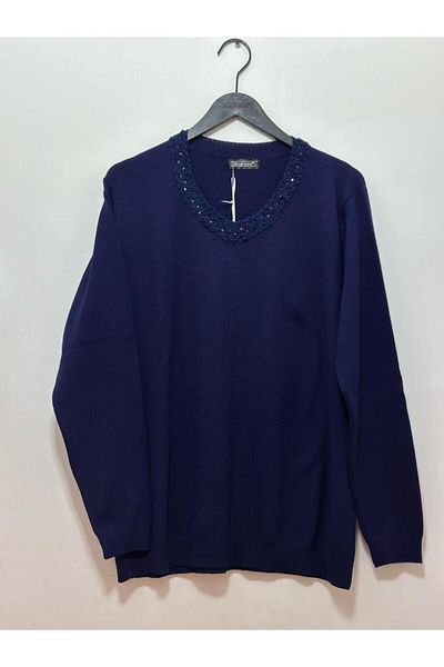 Desen Triko V-Neck Collar Tulle and Sequin Detail Plus Size Blouse