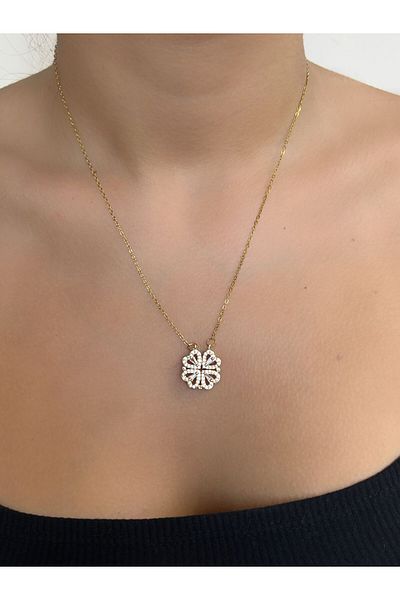 axexuar Open Closing Clover Luck Necklace Heart Necklace Gold Yellow Steel Women's Necklace