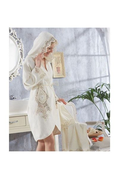 ELVİRAHOME Set de halate de baie pentru mireasa pentru luna de miere, 3 piese, dantela frantuzeasca, 100% bumbac