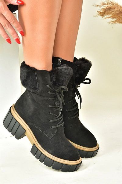 Fox Shoes Damen-Lammfellstiefel aus schwarzem Wildleder mit dicker Sohle N820171002