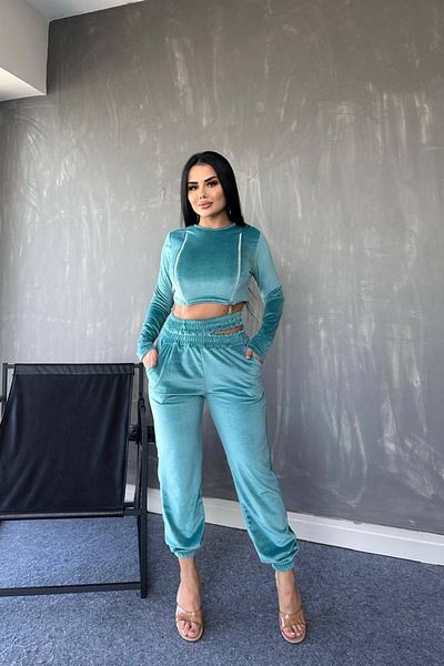 Love Fab Set de trening din catifea cu mânecă lungă, cu fermoar dublu