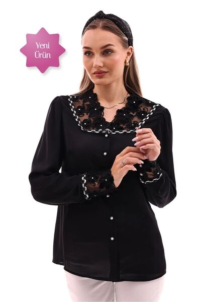 Loom Boutique Kadın Büyük Beden Aplike Dantelli Taş İşlemeli Krep Gömlek G0049