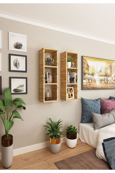 Dekormer Design Kitaplık Yatak Odası Duvar Rafı Ikili Mobilya Takım Atlantik Çam