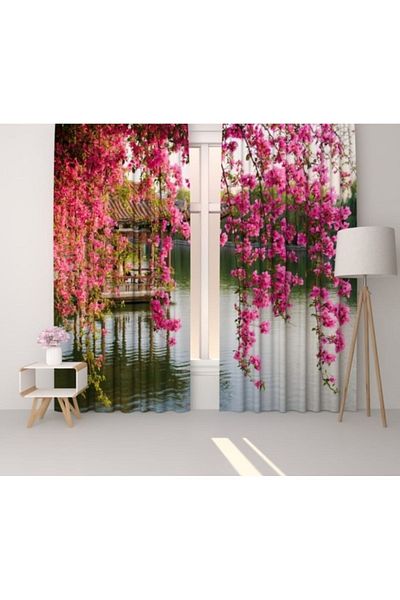 Elmas Dizayn SPECIAL PRODUCTION 3D DIGITAL PRINTING PINK BROWN FLOWER 140 CM * 240 DOUBLE WING 2 PIECES PHONE CURTAIN