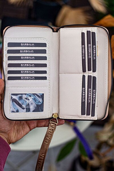 Garbalia Tilburg Wrist Handle Straw Weave Pattern Beige Portfolio Wallet with Lots of Card Holders