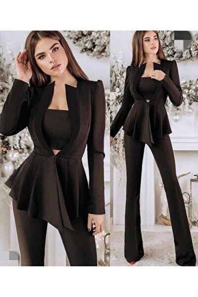 MARE BUTİK Siyah Dalgıç Kumaş İçi Astarlı Büstiyer Ceket Pantolon 3 lü Şık Takım Elbise