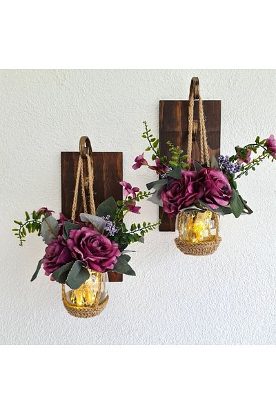 STDEKOR Wall Decoration, LED Light, Purple Rose Flower Walnut Sconce Set of Two