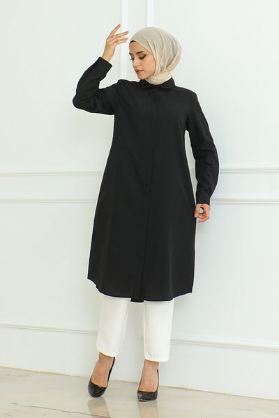 Eliva Black Long Sleeve and Collar Buttoned Hijab Tunik - Women