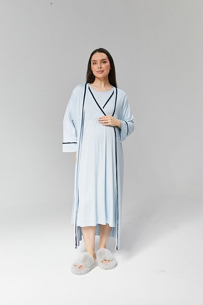 Lohussa Set de vară pentru femei cu design albastru - 100% bumbac, halat de maternitate și de maternitate, set de 2 cămăși de noapte