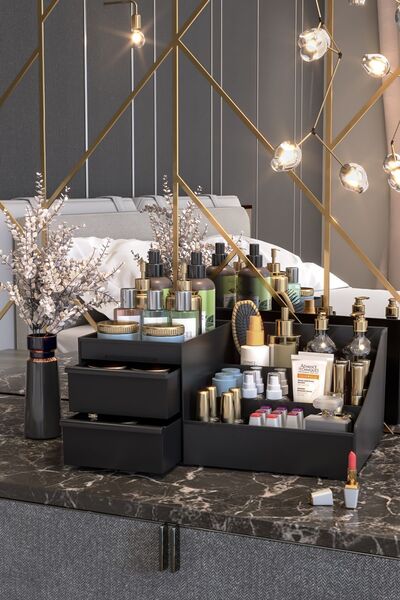 Pufwin Home Organizator de parfum pentru machiaj și cosmetice Elegance XL Black - Organizator de ser pentru cremă de piele cu sertar