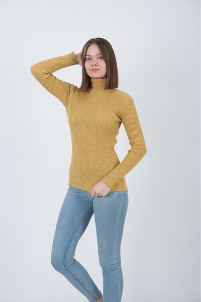 TİGERS Women's Mustard Glitter Knitwear Turtleneck Sweater