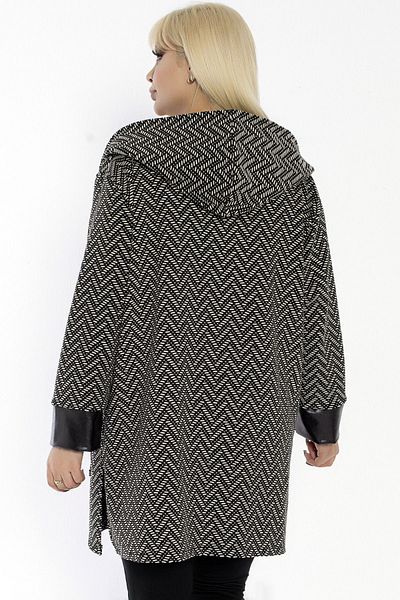 Kheos Leather Detailed Hooded Jacquard Zigzag Pattern Long Sleeve Buttoned Pocket Slit Under Hips Comfortable Cardigan