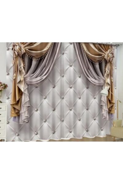 Elmas Dizayn 3D DigitaL PrinteD - Brown White 140*240 cm BackgrounD Curtain L...