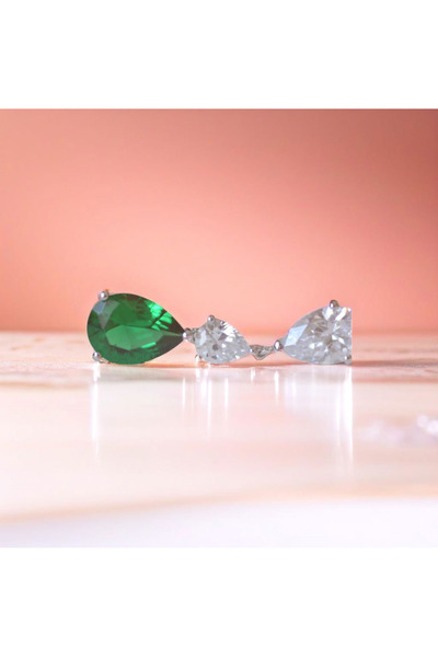 TREND 925 Ayar Yeşil Zümrüt Taşlı Damla Gümüş Küpe - Anneler Gününe Özel