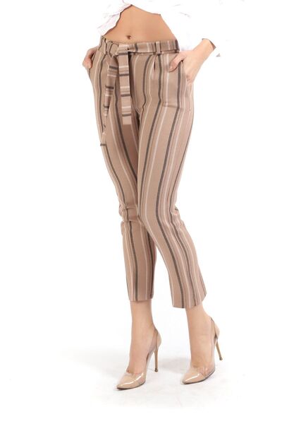 Sense Waist Belted Ankle Pants| Pnt19022 Beige Striped