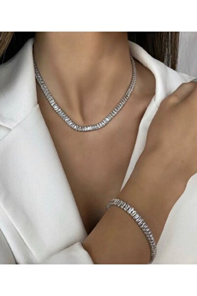 Accessories Gümüş Renk Su Yolu Kolye/Bileklik Zirkon Set