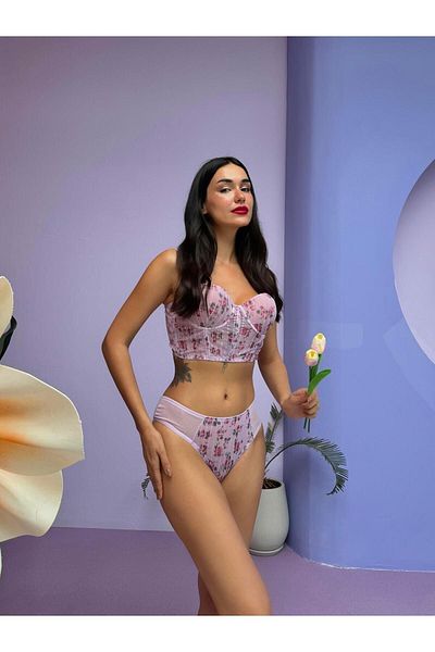 Cansoy Set bustieră cu flori sclipitoare cu suport liliac - 682T