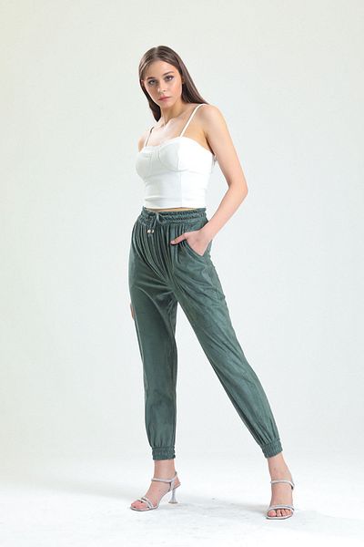 Sense Suede Trousers with Elastic Waist and Legs| Pnt33895 Green