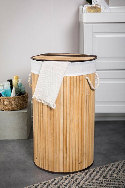 E-LİFE HOME Katlanır Oval Bambu Çamaşır Kirli Sepeti