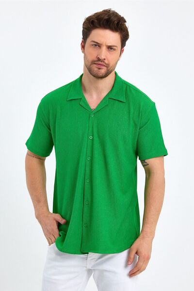 CLIPMAN Чоловіча сорочка Slim Fit, 2 шт., з малюнком, з льону, з коміром-апаш, з короткими рукавами, сіро-зелена