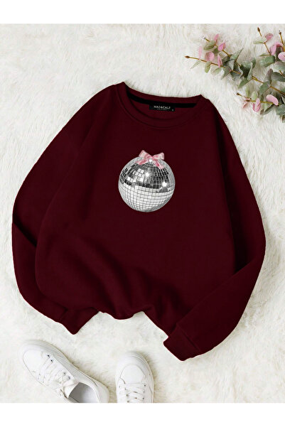 Mad&Calf سويت شيرت نسائي كبير الحجم مطبوع عليه كرة مرآة - تصميم من الصوف