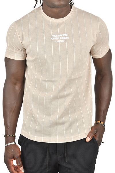DeepSEA Ανδρικό T-Shirt Beige ριγέ Lycra Slim Fit - Crew Neck 2403216