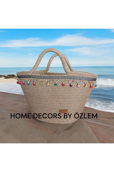 home decors by özlem Midi Size Daily Straw Bag Beach Bag Handbag Handmade Handmade Design Style Bag-35x20cm