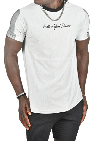 DeepSEA Ανδρικό μπλουζάκι με γκρι κουκκίδες με λεπτή εφαρμογή με ρίγες στα μανίκια και γραφή στο μπροστινό μέρος 2403224