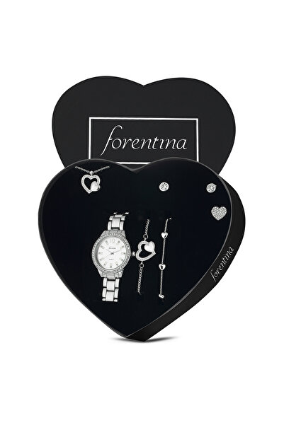 Forentina Gümüş Kaplama Kalpli Kolye Bileklik Yüzük Küpe Saat Takı Seti PS3723