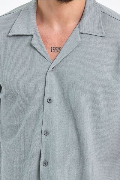 CLIPMAN Чоловіча сорочка Slim Fit, 2 шт., з малюнком, з льону, з коміром-апаш, з короткими рукавами, сіро-зелена