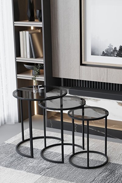 FAYMEND C Zigon Sehpa Siyah Metal - Şeffaf Füme Cam